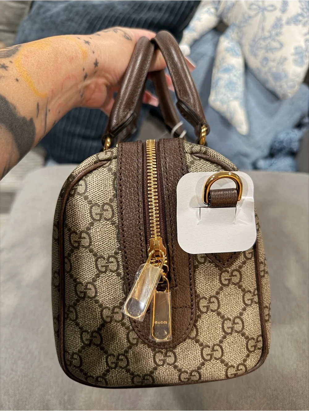 Gucci Brown GG Supreme Satchel with Green-Red Web Stripe